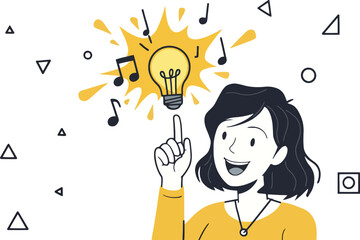 Woman with a Bright Idea: Creative Inspiration and Problem Solving Concept with Light Bulb and Music Notes