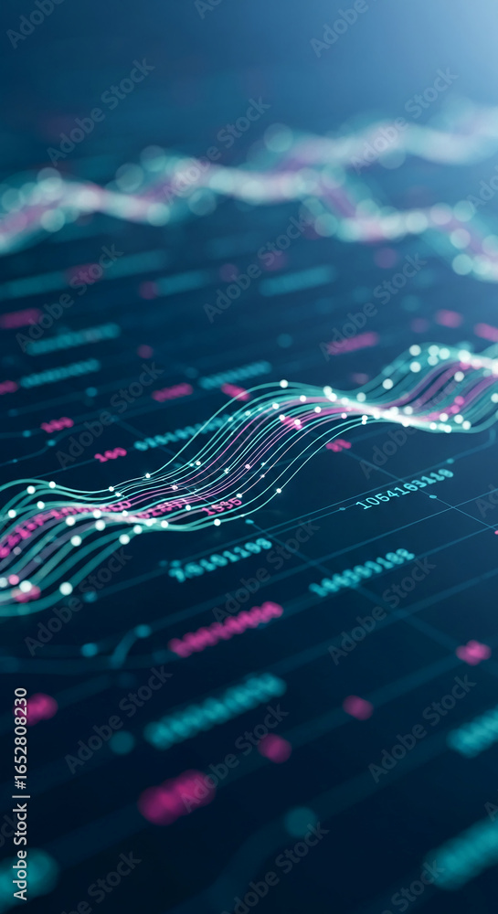Poster abstract teal and pink data wave visualization, showcasing digital information flow and technologica