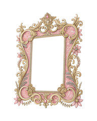 A rococo style thin frame, pink and gold, isolated white background,
