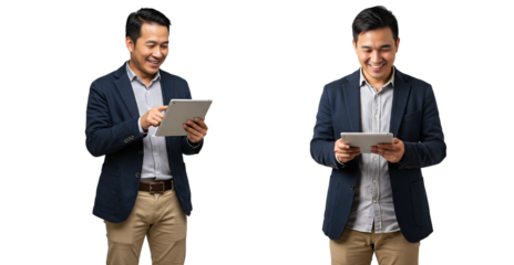 A smiling Asian businessman in a suit jacket and khaki pants is looking down at a tablet, isolated on transparent cutout background, cut out, png
