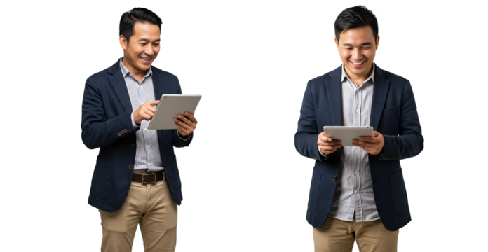 A smiling Asian businessman in a suit jacket and khaki pants is looking down at a tablet, isolated on transparent cutout background, cut out, png
