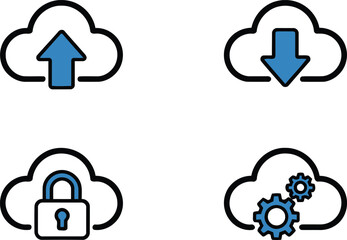 Cloud Computing Icons: Secure Data Storage, Upload, Download, and Server Management for Technology Design