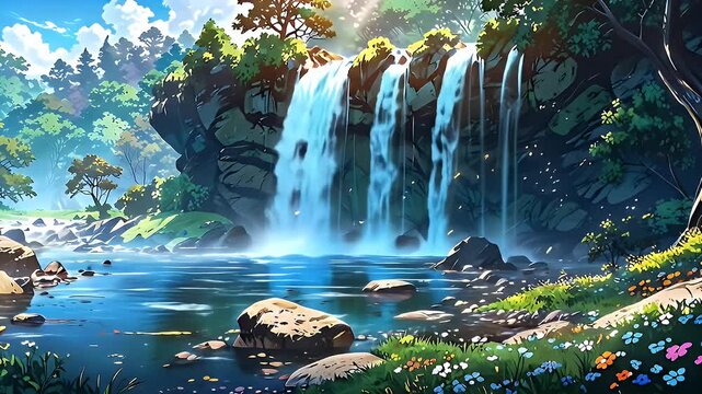 animation looping anime background of a beautiful waterfall 