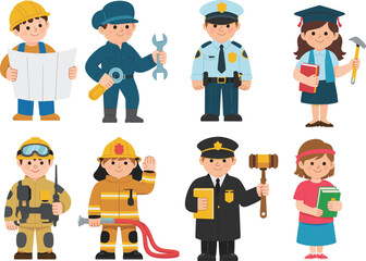 Cute cartoon characters of various professions including police, engineer, firefighter, student, judge, and more, ideal for educational design.