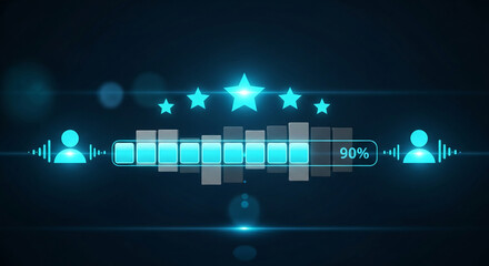 Abstract graphic showing five stars, progress bar at 90%, and user icons, symbolizing high customer satisfaction and excellent performance