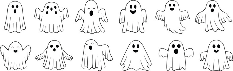 Cute cartoon ghost vector illustration, Halloween character icons, spooky ghosts collection, black and white ghosts set, hand-drawn style
