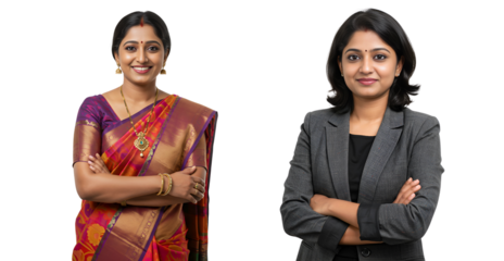 Two Indian women are smiling and looking at the camera with arms crossed. The woman on the left is wearing a traditional Indian sari, isolated on transparent cutout background, cut out, png