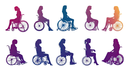 Various women silhouette in a wheelchair vector illustration diverse female figures disabled people graphic design isolated on white background