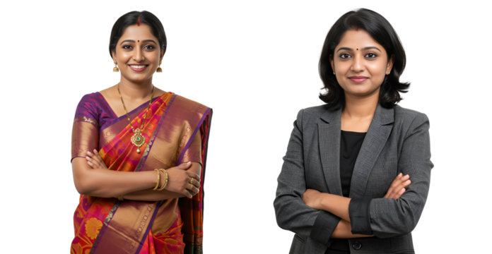 Two Indian women are smiling and looking at the camera with arms crossed. The woman on the left is wearing a traditional Indian sari, isolated on transparent cutout background, cut out, png