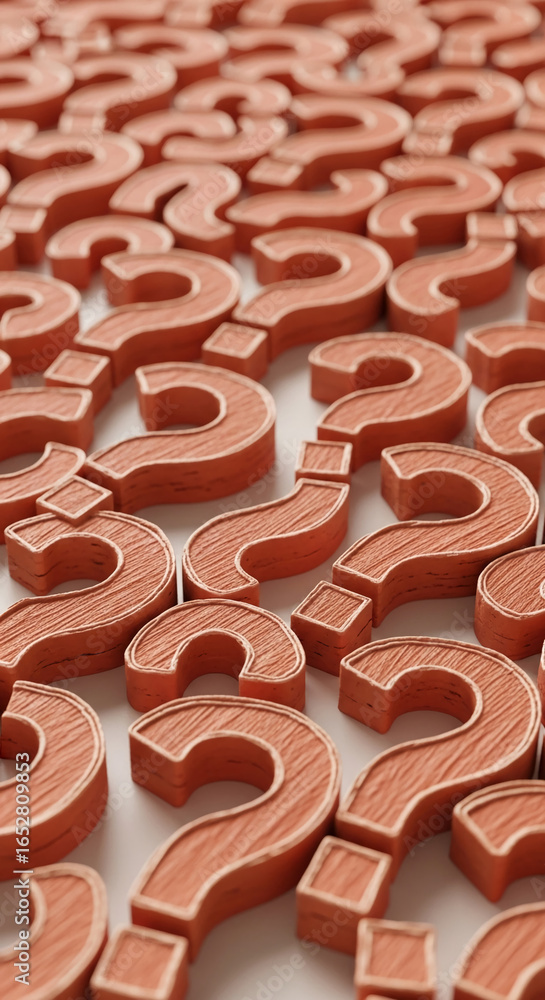Poster many orange wooden question marks arranged on white background, creating a textured pattern symboliz