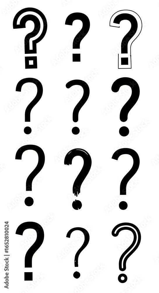 Poster collection of twelve question marks, varying in style and design, representing curiosity, inquiry, a