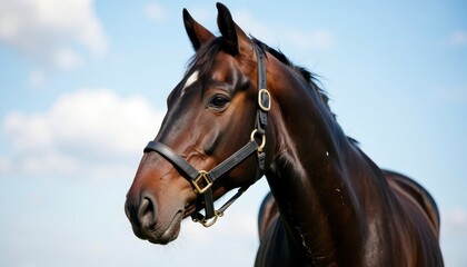 Fototapeta premium Majestic horse portrait outdoor stable animal photography bright sky close-up nature beauty