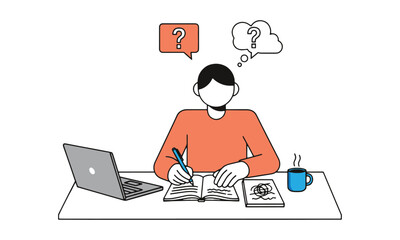 Creative thinker brainstorming ideas with laptop and coffee vector