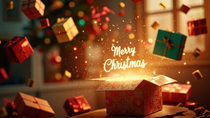 A magical christmas gift box opening with light and magic "Merry Christmas" text coming out with other gift boxes flying around, festive mood