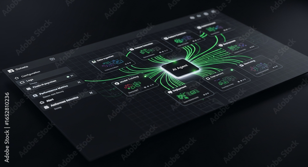 Poster ai agent interface displayed on dark screen, showcasing network connections and data processing, rep