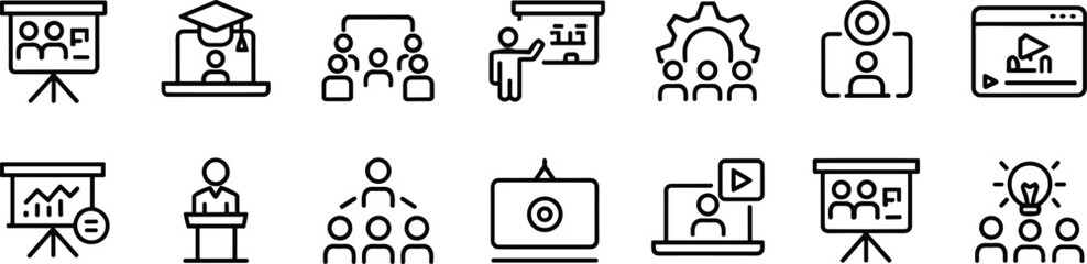 Education icons, business presentation, online learning, classroom training, teamwork collaboration, seminar teaching, video conference, knowledge sharing, study group, flat vector illustration design
