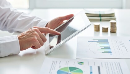 Analyzing financial data on tablet office setting digital report professional environment close-up view business insights