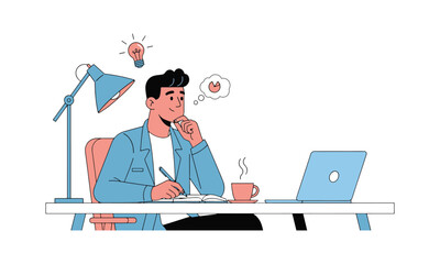 Thoughtful businessman brainstorming ideas at his office desk vector