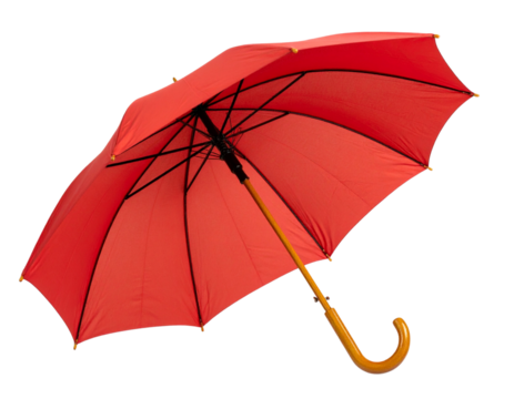 Red Umbrella Tilted Side View with Curved Wooden Handle, Transparent PNG