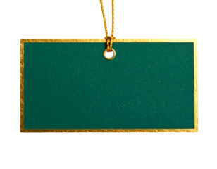 Rectangular Green Gift Tag with Gold Foil Border, Top-Down Angle, Transparent PNG