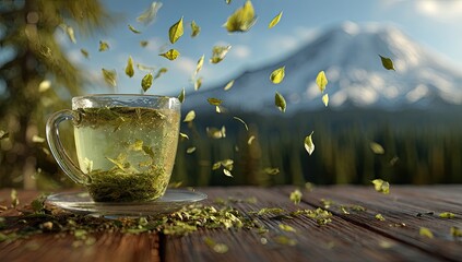 A cup of tea with tea leaves floating, mountain backdrop