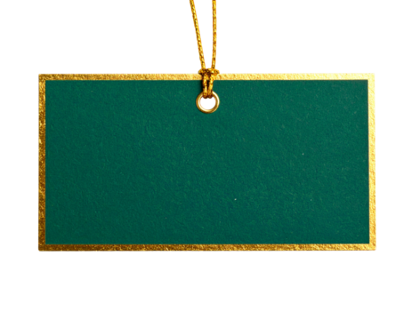 Rectangular Green Gift Tag with Gold Foil Border, Top-Down Angle, Transparent PNG