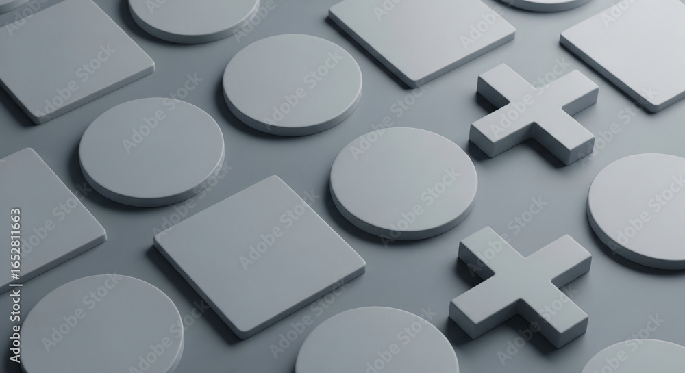 Poster grey circles, squares, and plus signs form a geometric pattern, creating a minimalist and modern aes