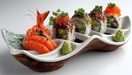 Sushi platter with shrimp, salmon, and rolls