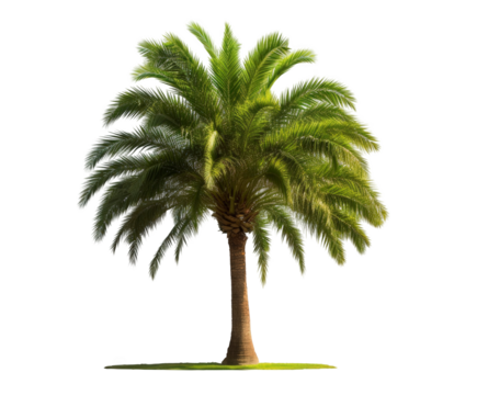 Vibrant green palm tree with lush fronds casting a subtle shadow on green grass