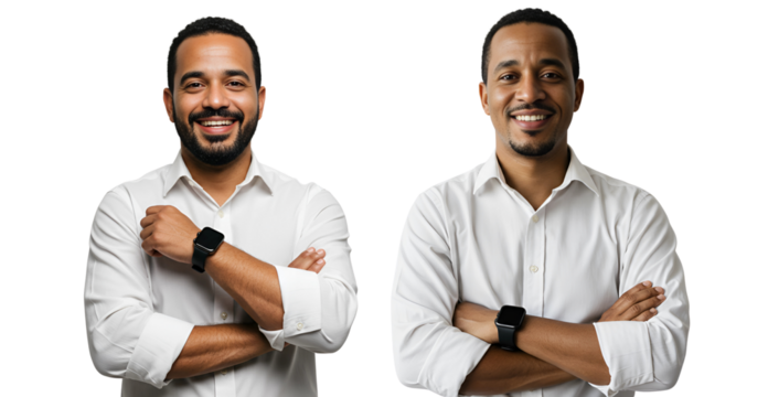 Two hispanic businessman with arms crossed and smiling, looking at the camera and wearing white shirts and watches, isolated on transparent cutout background, cut out, png