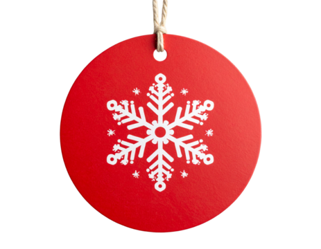 Round Red Gift Tag with White Snowflake Print, Slight Tilt, Transparent PNG