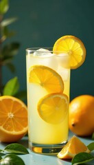 Fototapeta premium Glass of homemade lemonade with citrus fruit garnish , orange, sun, diet