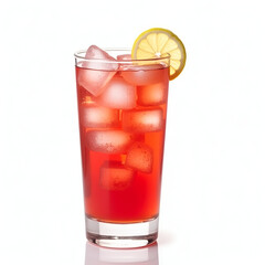 A glass of red cocktail with ice cubes, garnished with a lemon slice, isolated on white background