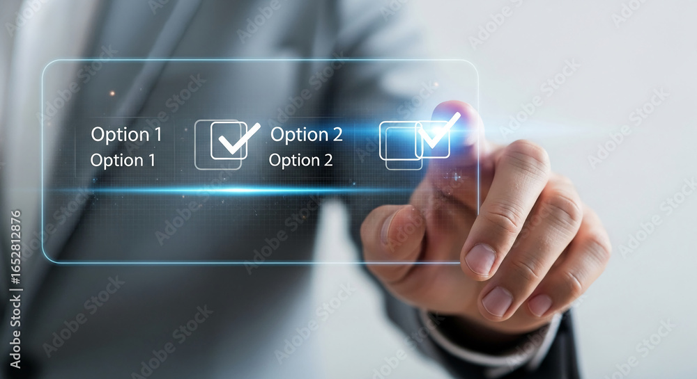 Poster hand interacts with transparent digital interface displaying options and checkmarks, symbolizing cho