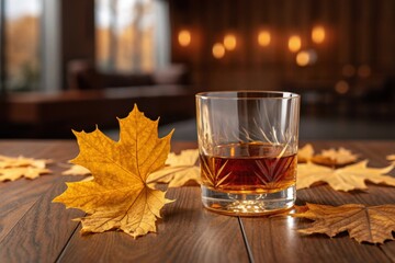 Glass of amber whiskey on wooden table with autumn maple leaves