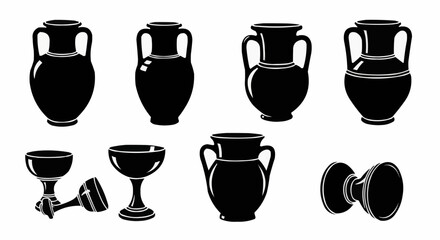 Ancient Pottery Silhouette Set on White Background – Amphora, Clay Pots, Terracotta Vases, Urns, Historic Jars, Archaeological Relics and Ceramic Vessel Vector Silhouettes Isolated