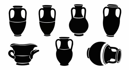 Ancient Pottery Silhouette Set on White Background – Amphora, Clay Pots, Terracotta Vases, Urns, Historic Jars, Archaeological Relics and Ceramic Vessel Vector Silhouettes Isolated