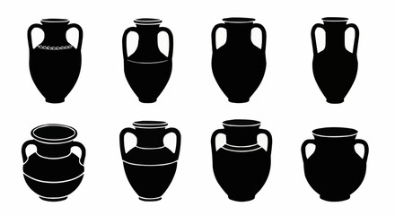 Ancient Pottery Silhouette Set on White Background – Amphora, Clay Pots, Terracotta Vases, Urns, Historic Jars, Archaeological Relics and Ceramic Vessel Vector Silhouettes Isolated