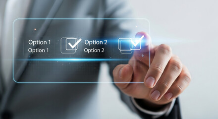 Hand interacts with transparent digital interface displaying options and checkmarks, symbolizing choice, selection, decision-making in business or technology