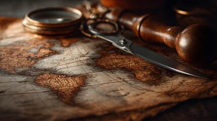 Antique world map, compass, antique shears, and stamp rest on a vintage paper surface.?A still life image of vintage navigation instruments and an ancient map, highlighting details.