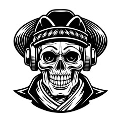Skull with headphones and hat—stylized portrait suggests music and personality.