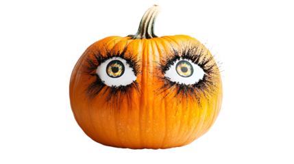 Whimsical Pumpkin Portrait with Googly Eyes and Glitter Eyelashes on Transparent Background for Autumn Decor