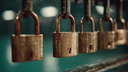 Rusty padlocks hanging on a dark teal wall