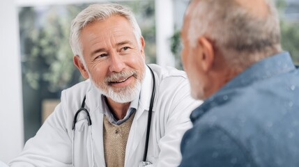 A doctor and elderly patient engaged in a friendly consultation, discussing health concerns in a medical office.