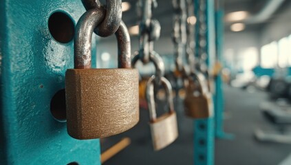 Rusty padlocks secured to gym equipment