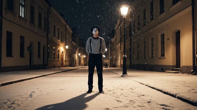 mime performer standing alone snowy city street night