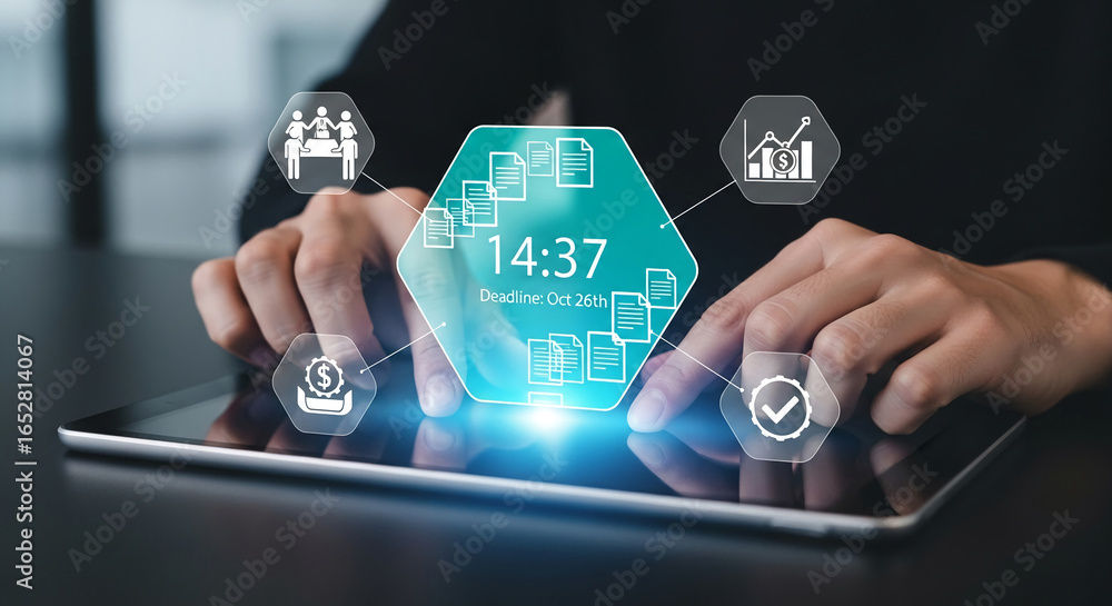 Poster hands interacting with a tablet displaying a deadline and project management icons, symbolizing effi
