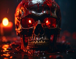 Blood-soaked skull, glowing red eyes, dark ambiance