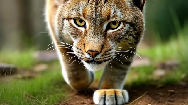 Majestic wild lynx stealthily walking through forested habitat in slow motion