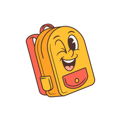 Playful school backpack mascot in yellow with orange accents, winking face, wide smile. Perfect for retro cartoon character, educational visuals, back-to-school themes, and kid-friendly branding